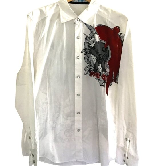 Mens Toku White Long Sleeve Button-Up Shirt With Red & Black Graphic Design Size - Picture 1 of 8